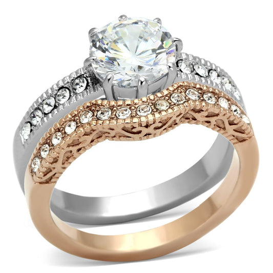  Two Tone IP Rose Gold Stainless Steel Ring with AAA Grade CZ  in Clear TK966  