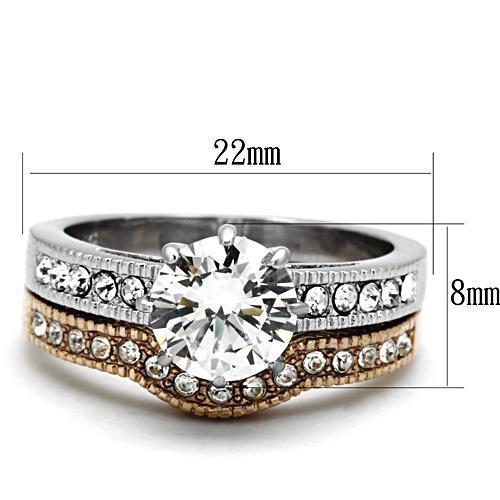 Two Tone IP Rose Gold Stainless Steel Ring with AAA Grade CZ  in Clear TK966