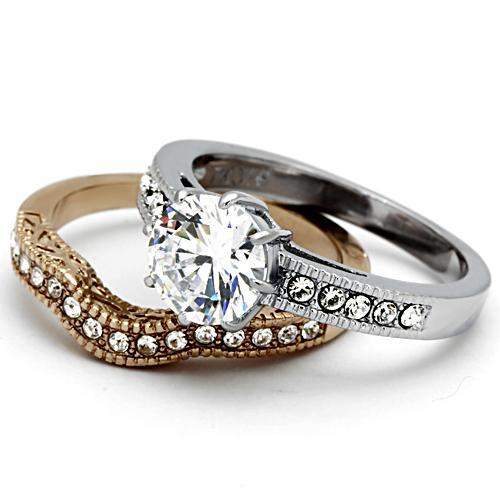 Two Tone IP Rose Gold Stainless Steel Ring with AAA Grade CZ  in Clear TK966